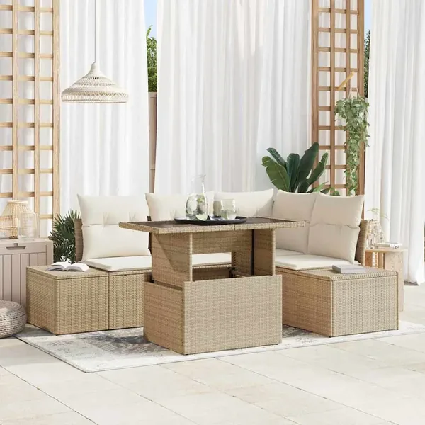 Ensemble de canapé de jardin avec coussin 5 pcs Beige polyrotin