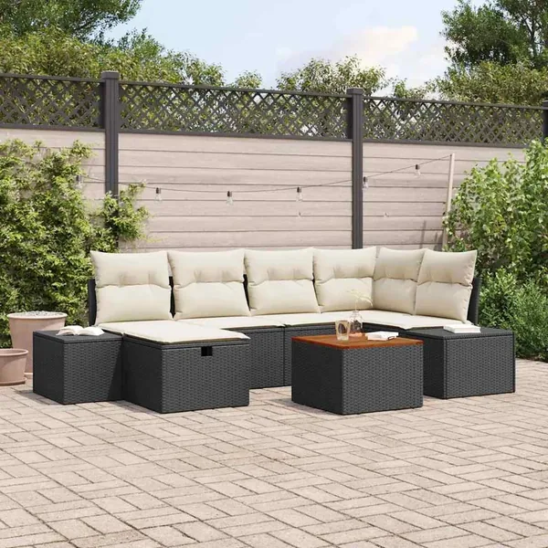 Ensemble de canapé de jardin avec coussin 7 pcs Noir Poly rotin