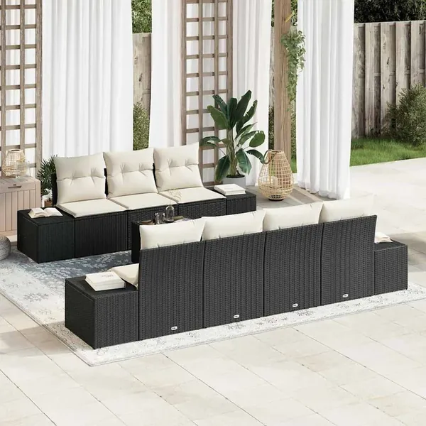 Ensemble de canapé de jardin 8 pcs Noir et Crème polyrotin