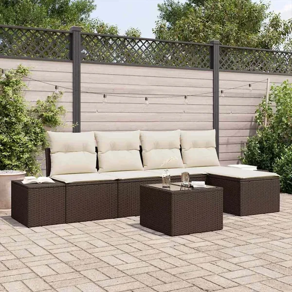 Ensemble de canapé de jardin 5 pcs Marron et Crème polyrotin
