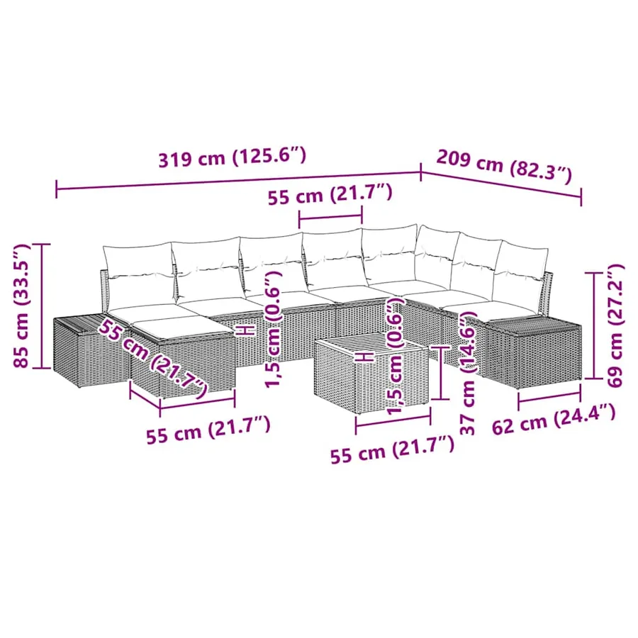 Ensemble de canapé de jardin 9 pcs beige et gris clair - 10