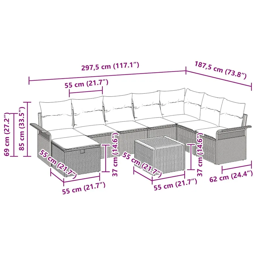 Ensemble de canapé de jardin avec coussin 9 pcs Gris polyrotin - 11
