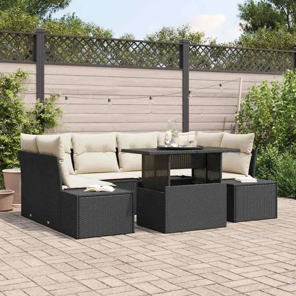 Ensemble de Canapés avec coussin 7 pcs Noir et Crème polyrotin
