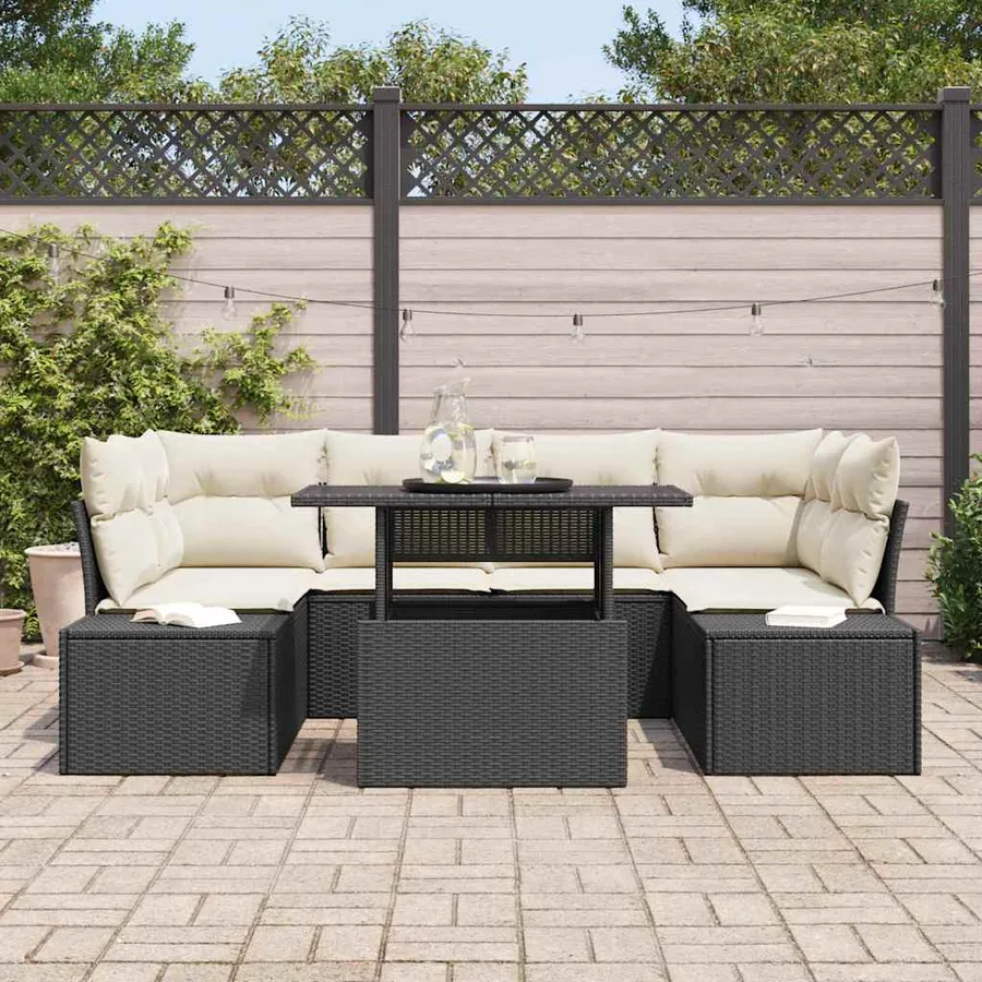Ensemble de Canapés avec coussin 7 pcs Noir et Crème polyrotin - 3