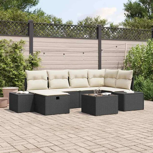 Ensemble de canapé de jardin avec coussin 7 pcs Noir polyrotin