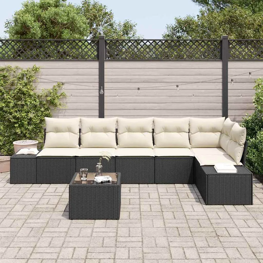 Ensemble de canapé de jardin 7 pcs Noir et Crème polyrotin - 3