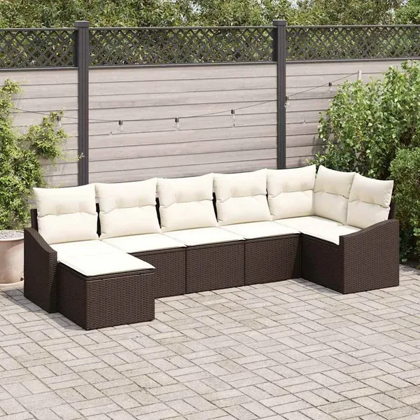 Ensemble de canapé de jardin 7 pcs Marron et Crème polyrotin