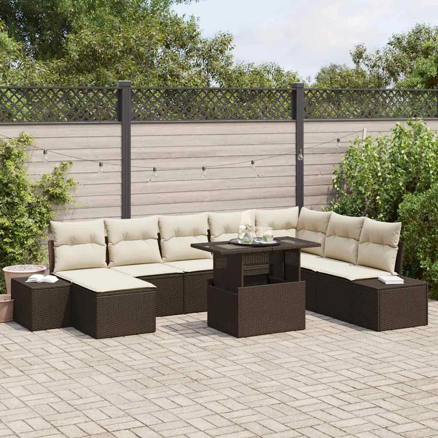 Ensemble de canapé de jardin 9 pcs Marron et Crème polyrotin