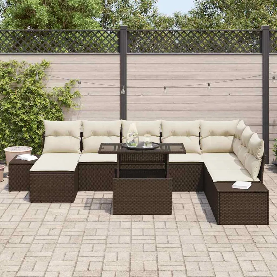 Ensemble de canapé de jardin 9 pcs Marron et Crème polyrotin - 3