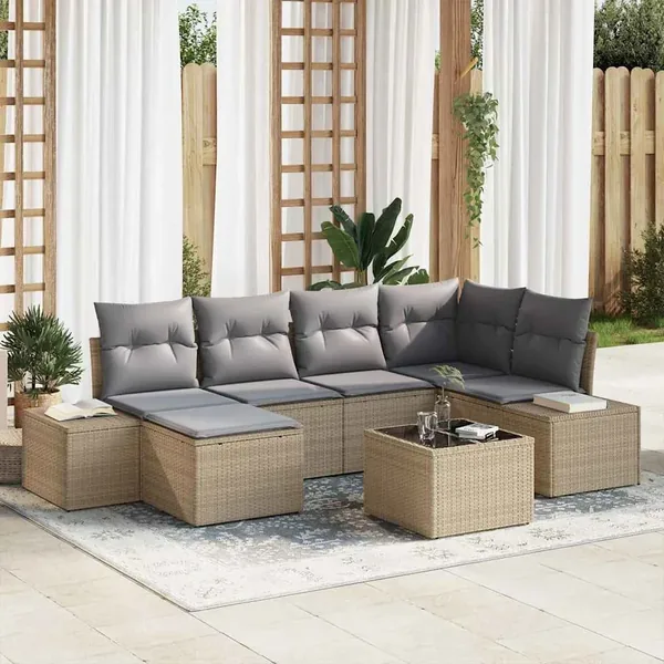 Ensemble de canapé de jardin 7 pcs Beige et gris polyrotin