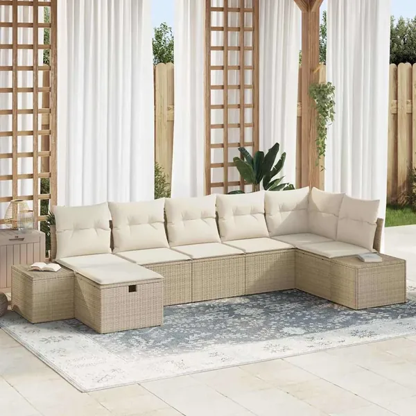 Ensemble de canapé de jardin avec coussin 7 pcs Beige polyrotin