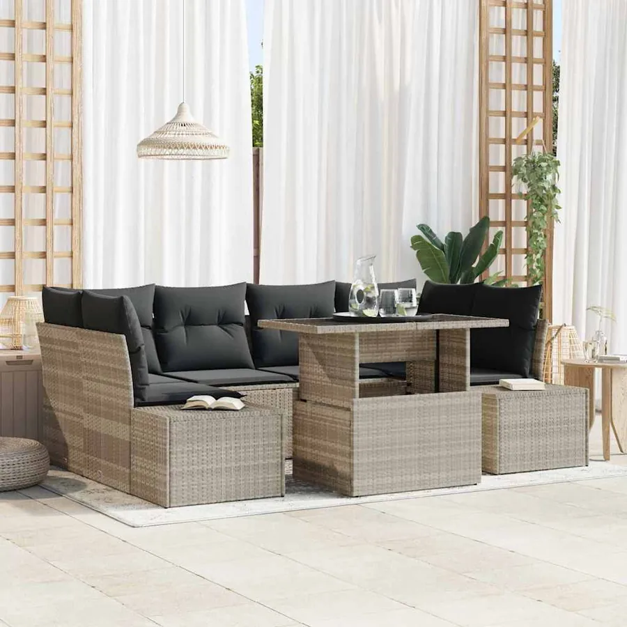 Ensemble de Canapés avec coussin 7 pcs Gris clair polyrotin