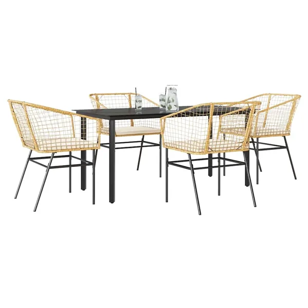 Ensemble à manger jardin coussins 5pcs marron poly rotin verre