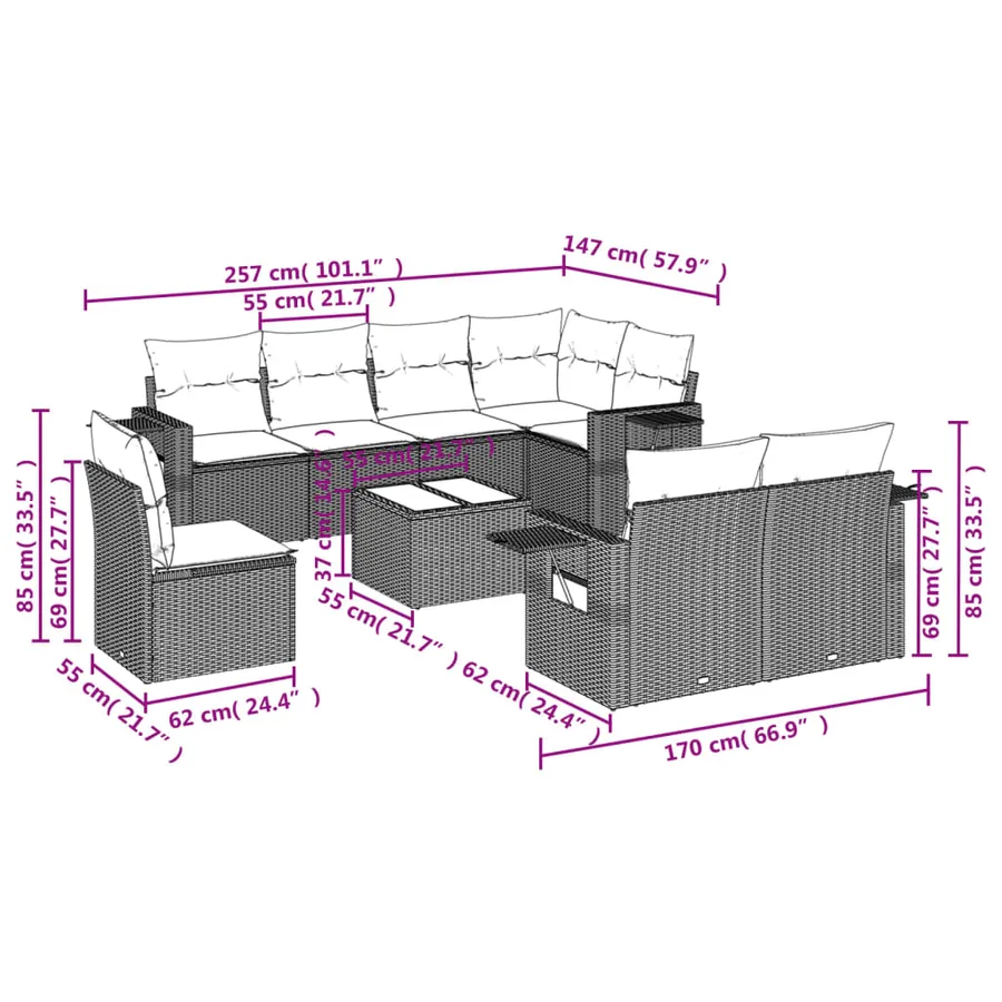 Ensemble de canapé de jardin 9 pcs avec coussins marron résine tressée - 9