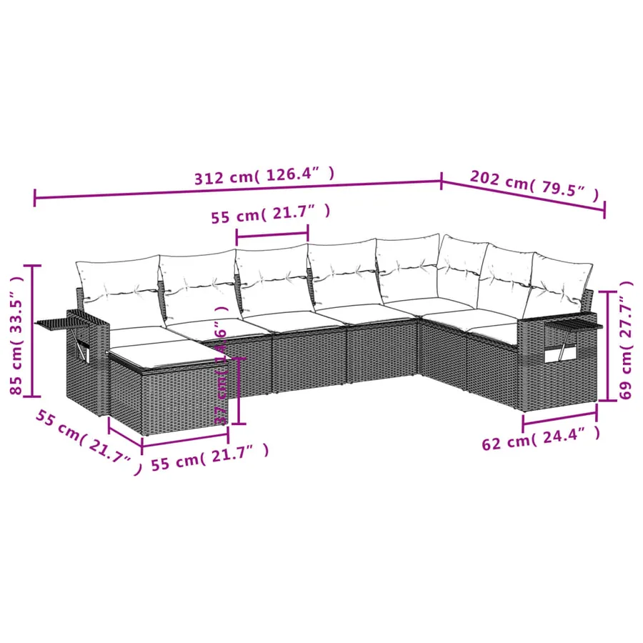 Ensemble de canapé de jardin 8 pcs avec coussins marron résine tressée - 9
