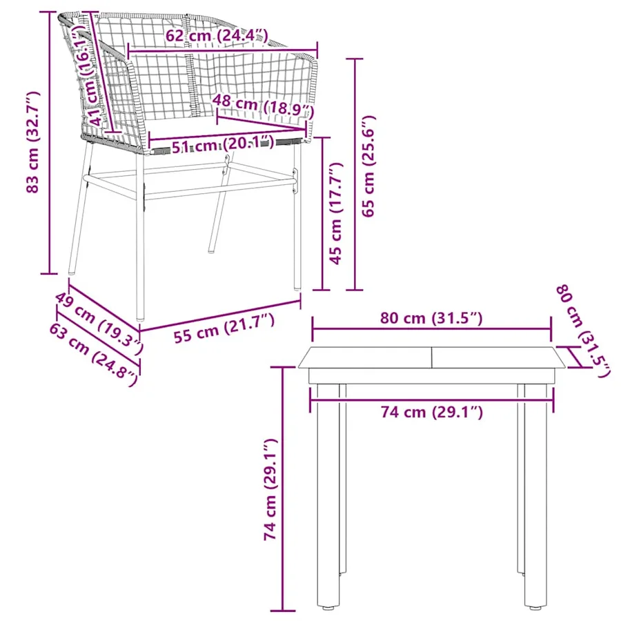 Ensemble à manger de jardin et coussins 3 pcs noir rotin verre - 10