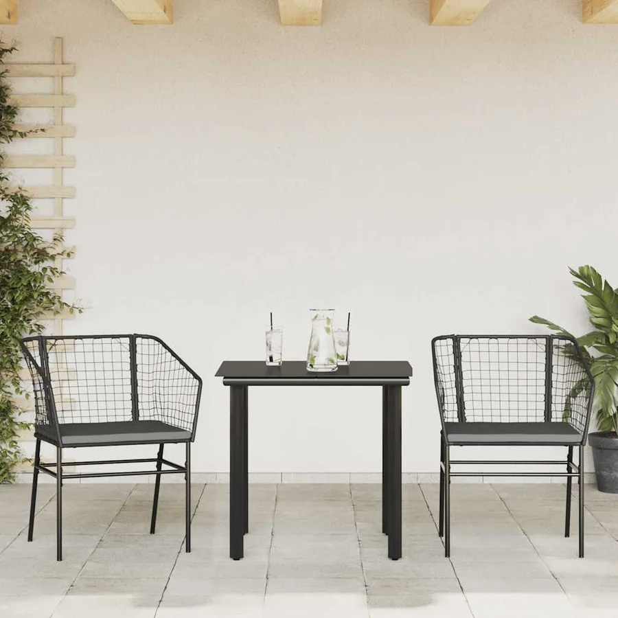 Ensemble à manger de jardin et coussins 3 pcs noir rotin verre - 3