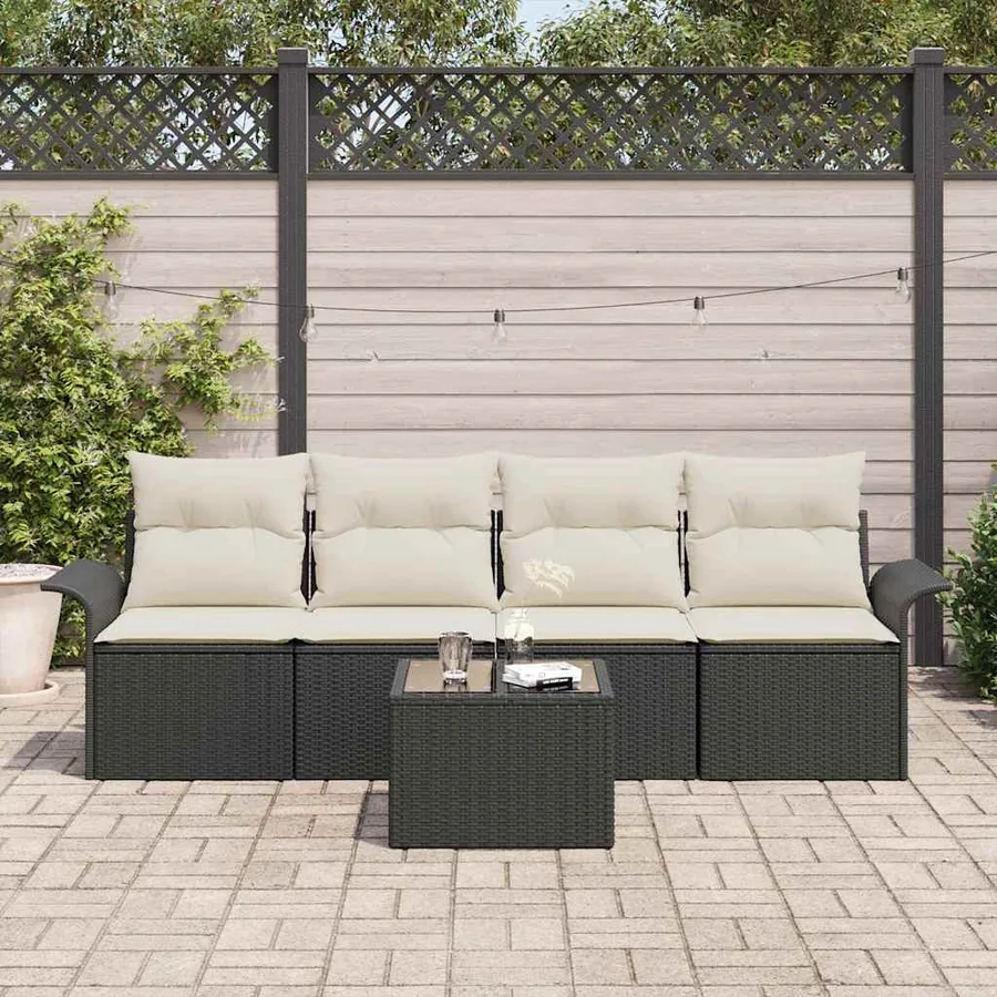 Ensemble de canapé de jardin 5 pcs Noir et Crème polyrotin - 3