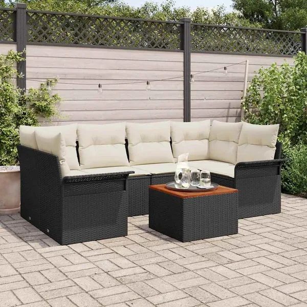 Ensemble de canapé de jardin 7 pcs Noir et Crème polyrotin