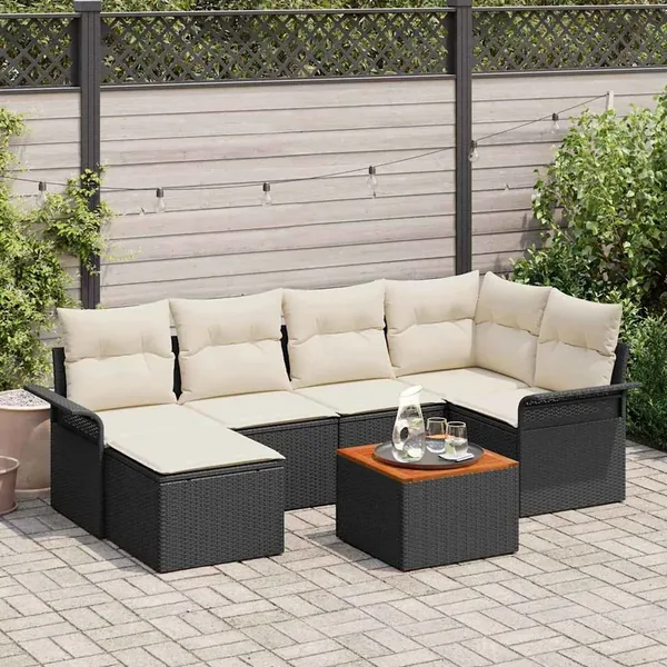 Ensemble de canapé de jardin 7 pcs Noir et Crème polyrotin