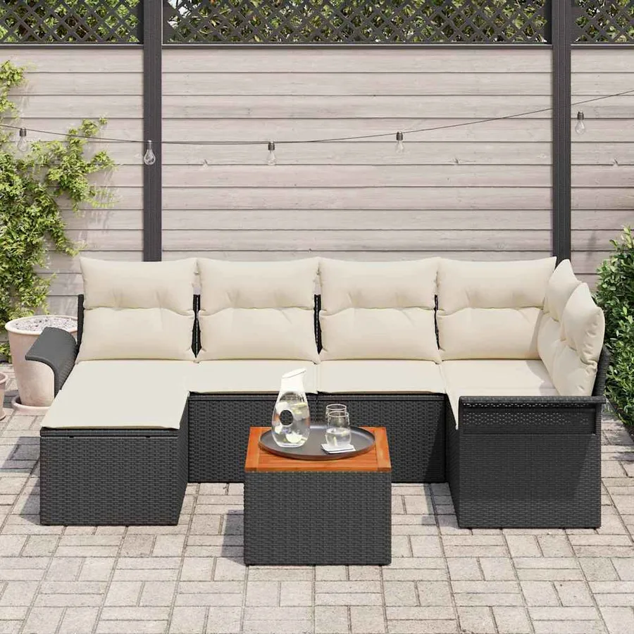 Ensemble de canapé de jardin 7 pcs Noir et Crème polyrotin - 3