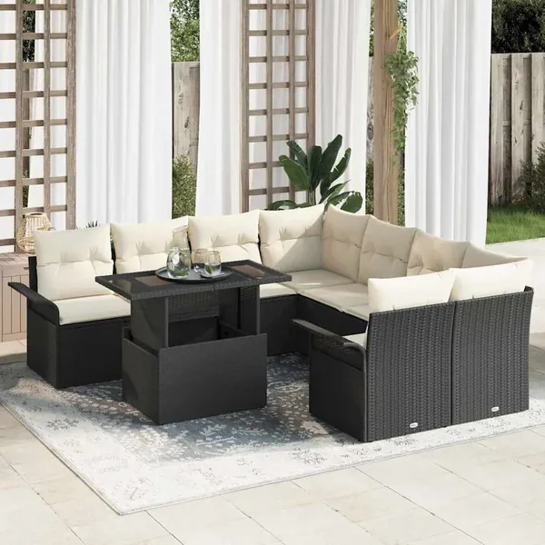 Ensemble de canapé de jardin 9 pcs Noir Poly Rattan