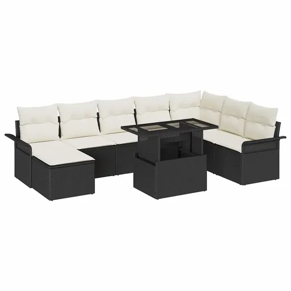 Ensemble de canapé de jardin avec coussin 9 pcs Noir et Crème