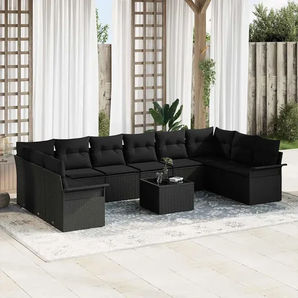 Ensemble de canapé de jardin 11 pcs Noir Poly rotin