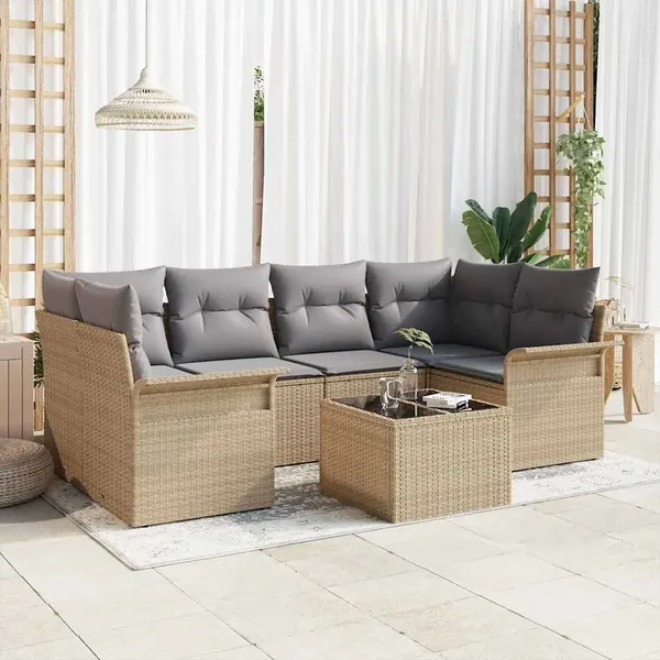 Ensemble de canapé de jardin 7 pcs Beige Poly rotin