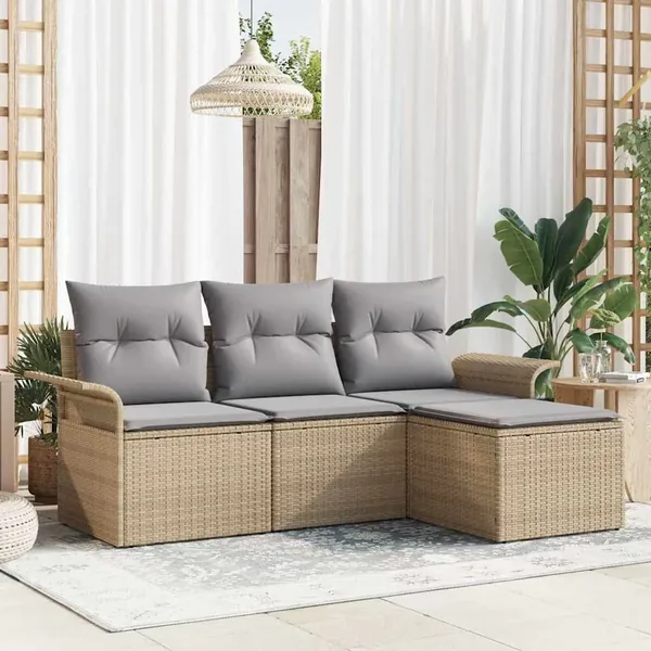 Ensemble de Canapés avec coussin 4 pcs Beige polyrotin