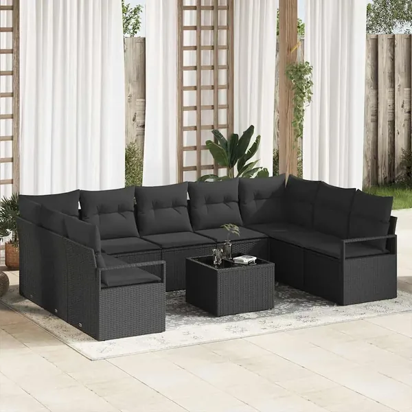 Ensemble de canapé de jardin avec coussin 10 pcs Noir polyrotin