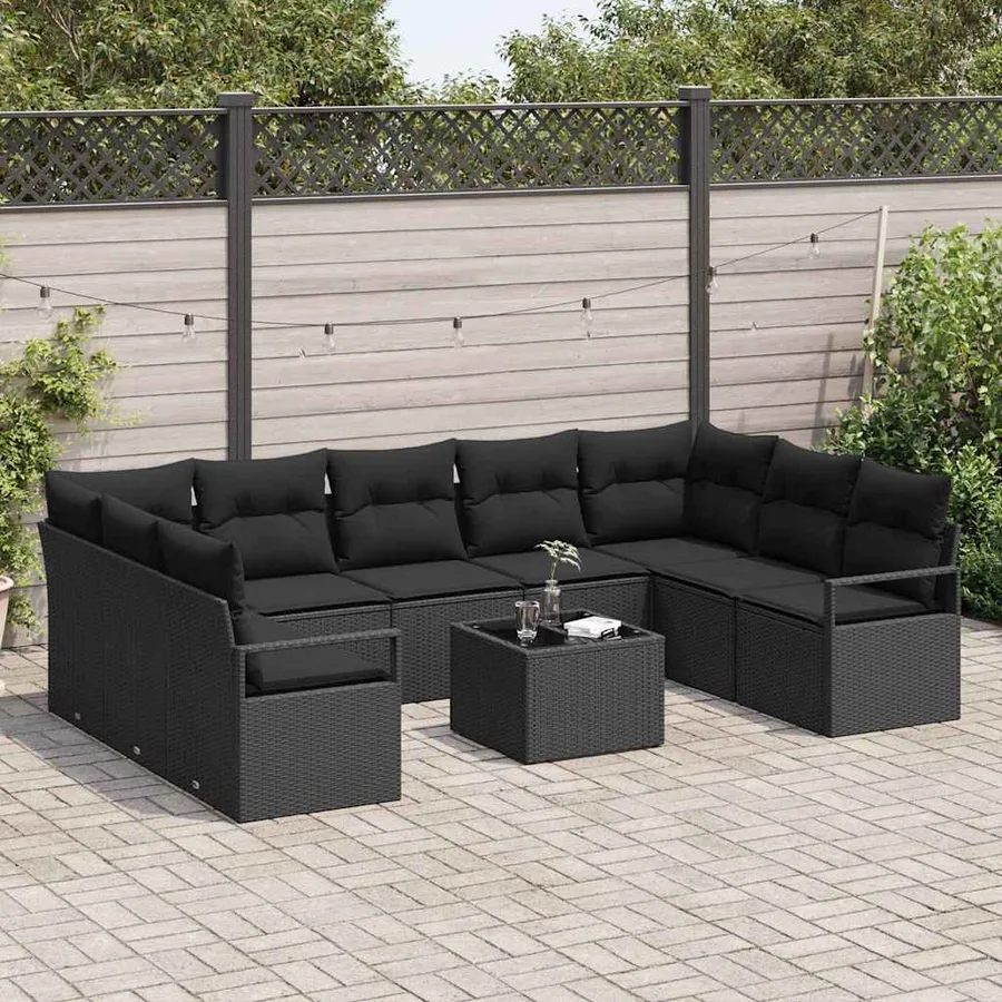 Ensemble de canapé de jardin avec coussin 10 pcs Noir polyrotin - 3