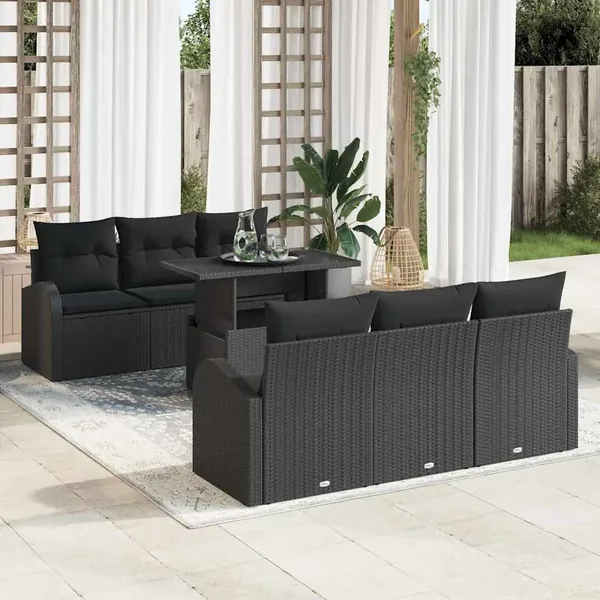 Ensemble de canapé de jardin avec coussin 7 pcs Noir Poly rotin