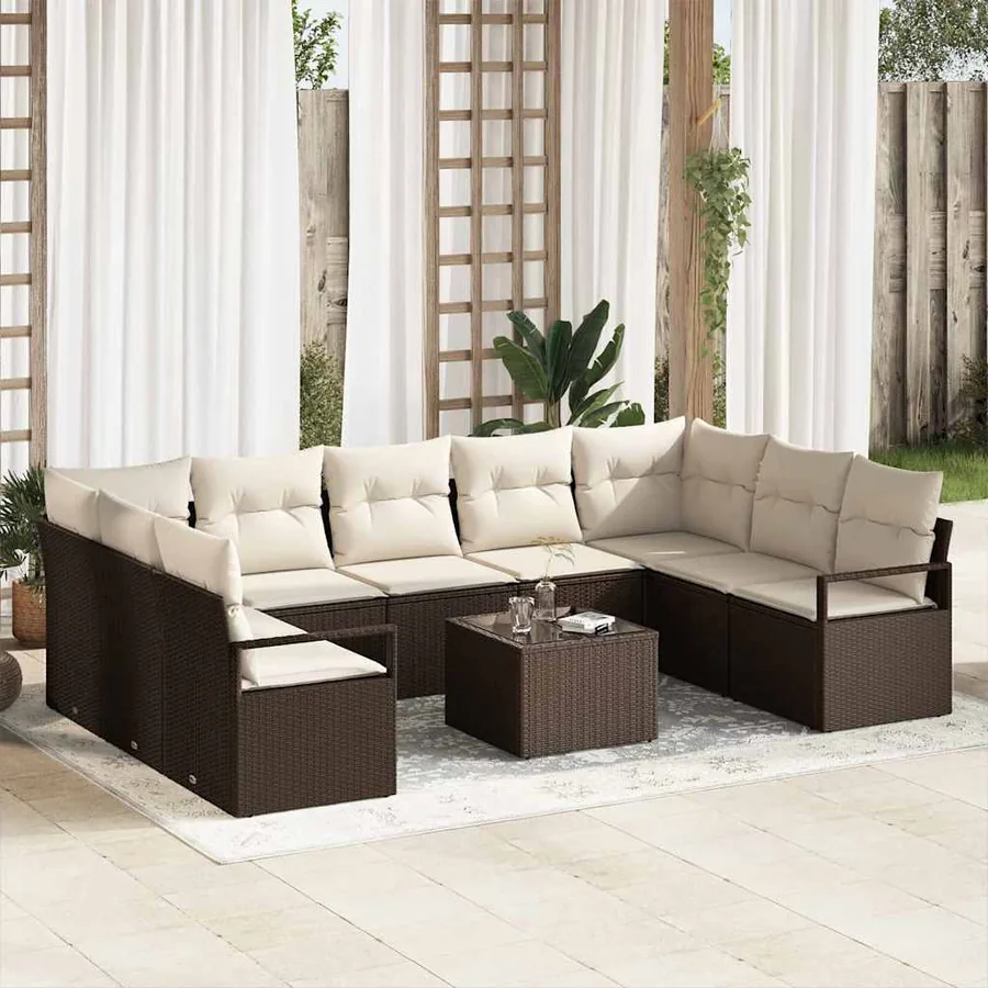 Ensemble de canapé de jardin 10 pcs Marron et Crème polyrotin