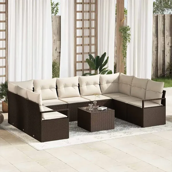 Ensemble de canapé de jardin 10 pcs Marron et Crème polyrotin