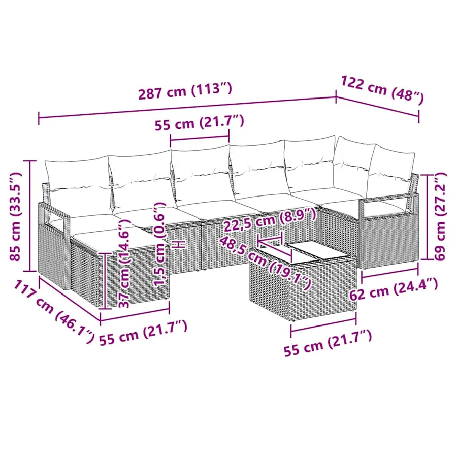 Ensemble de Canapés avec coussin 8 pcs Gris clair polyrotin - 15