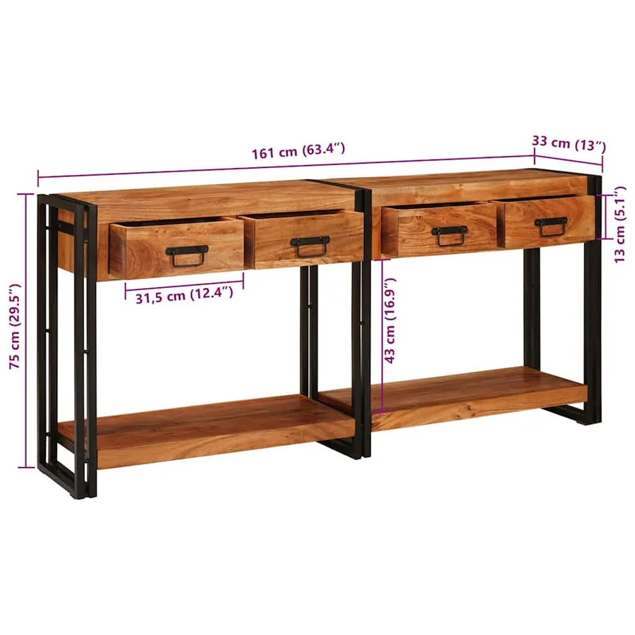 Tables console avec tiroir 2 pcs Marron Bois d'Acacia Massif - 12