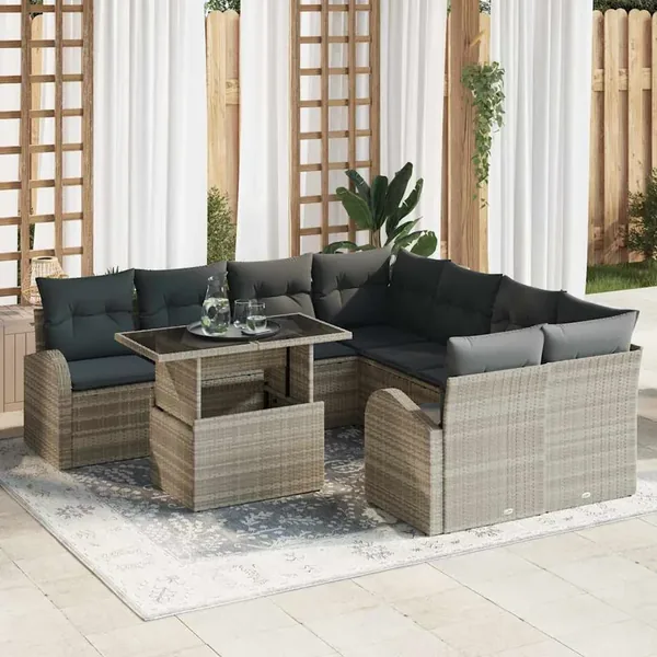 Ensemble de canapé de jardin 9 pcs Gris clair Poly Rattan