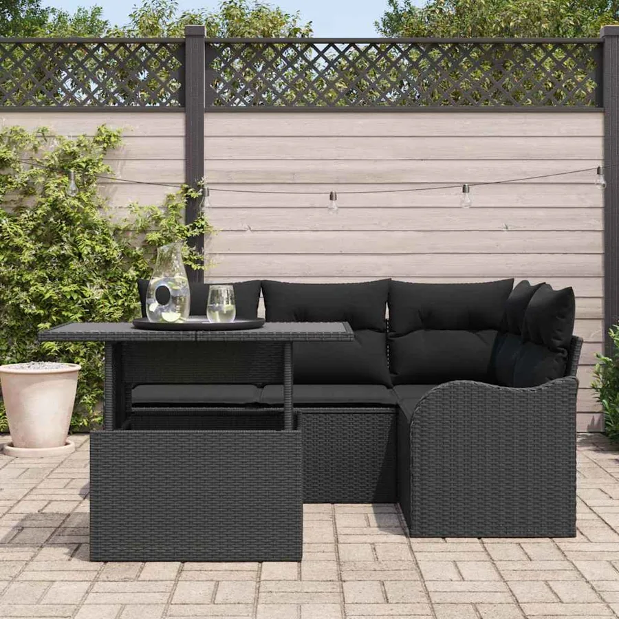 Ensemble de repas extérieur avec coussin 5 pcs Noir Poly rotin - 3