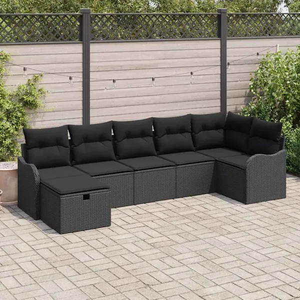 Ensemble de Canapés avec coussin 7 pcs Noir polyrotin