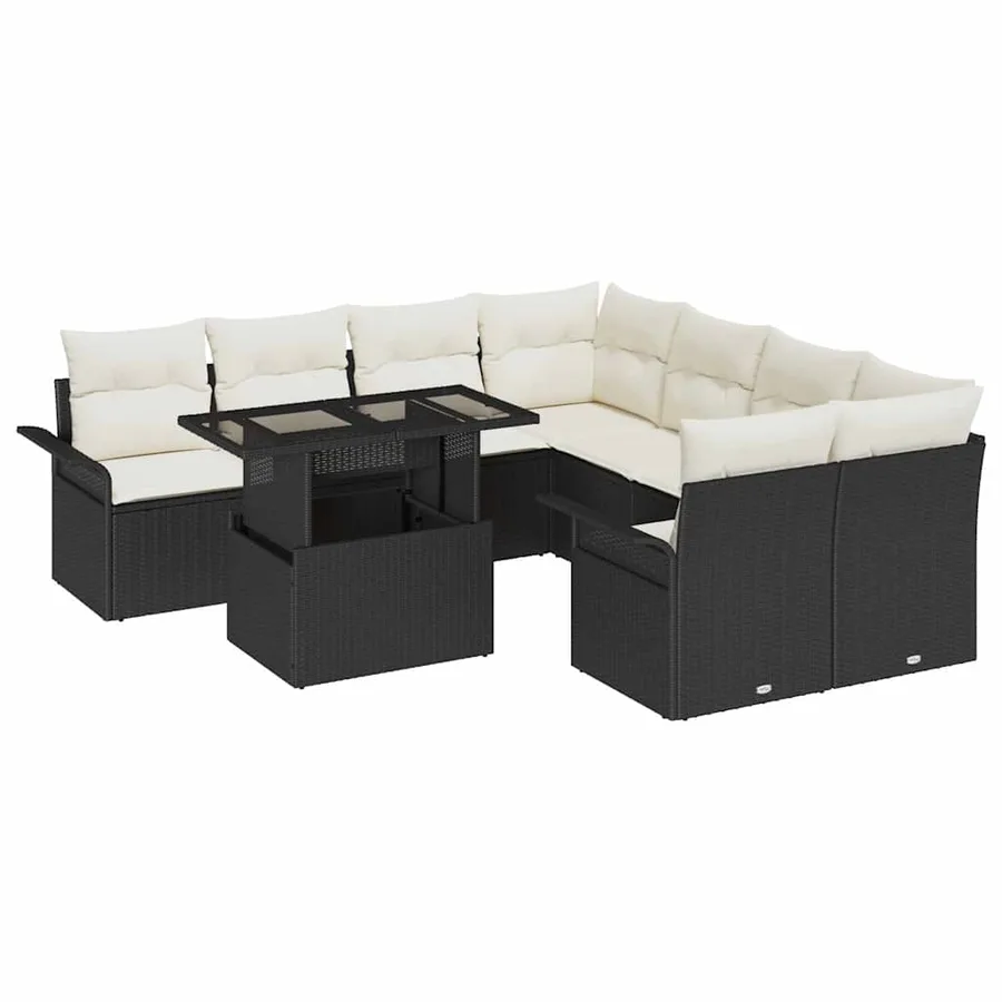 Ensemble de canapé de jardin avec coussin 9 pcs Noir Poly rotin - 2