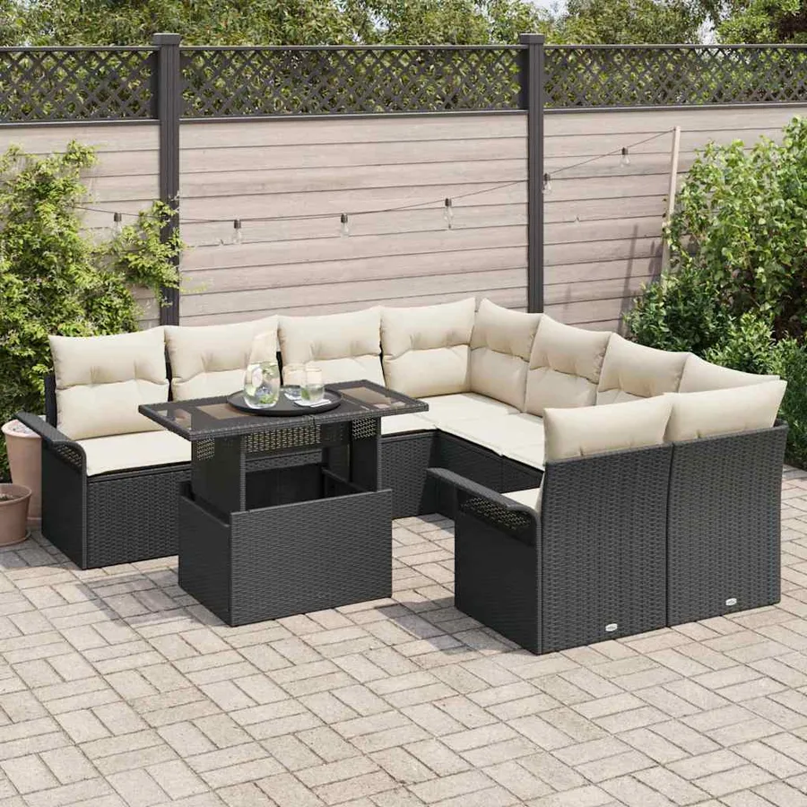 Ensemble de canapé de jardin avec coussin 9 pcs Noir Poly rotin - 3