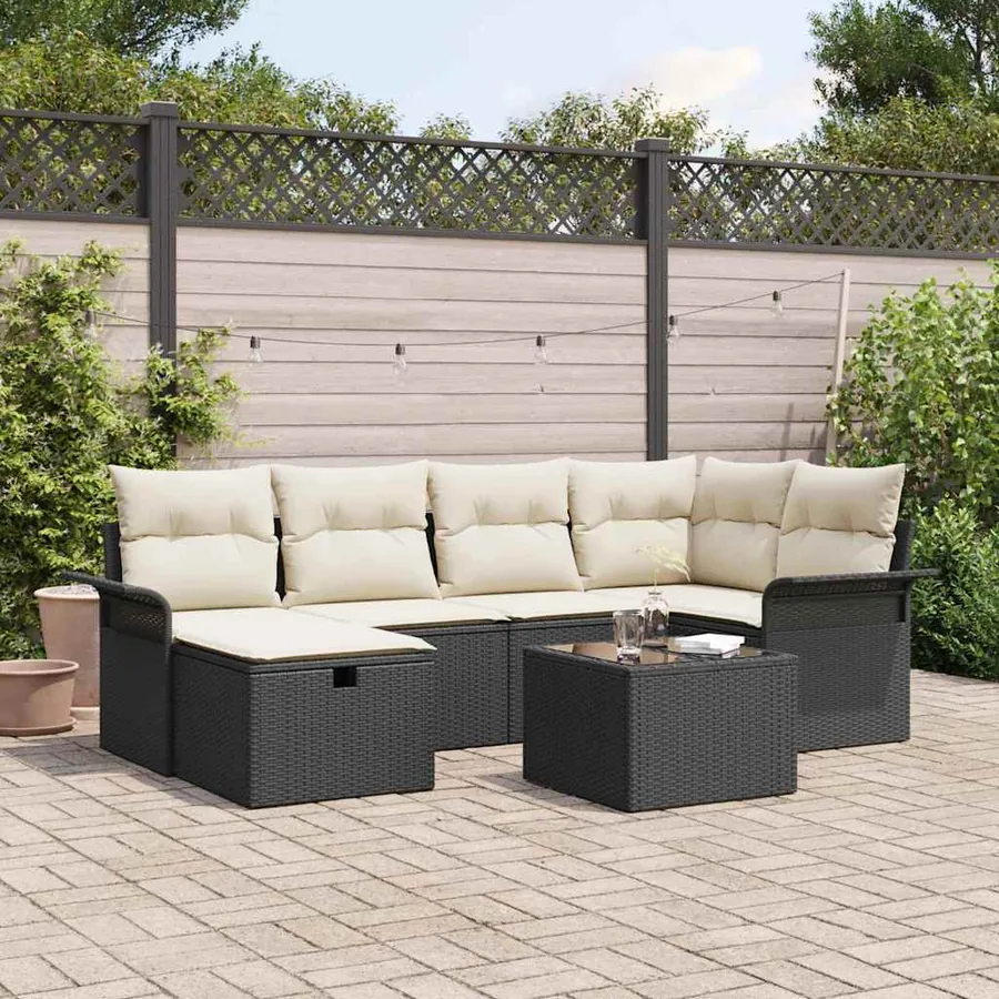 Ensemble de canapé de jardin 7 pcs Noir et Crème polyrotin