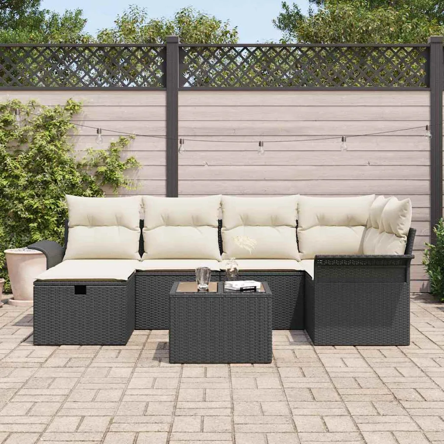 Ensemble de canapé de jardin 7 pcs Noir et Crème polyrotin - 3