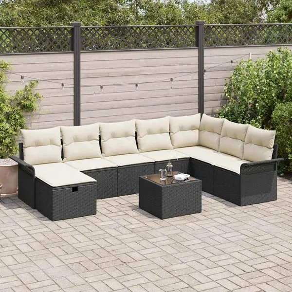 Ensemble de canapé de jardin 9 pcs Noir et Crème polyrotin