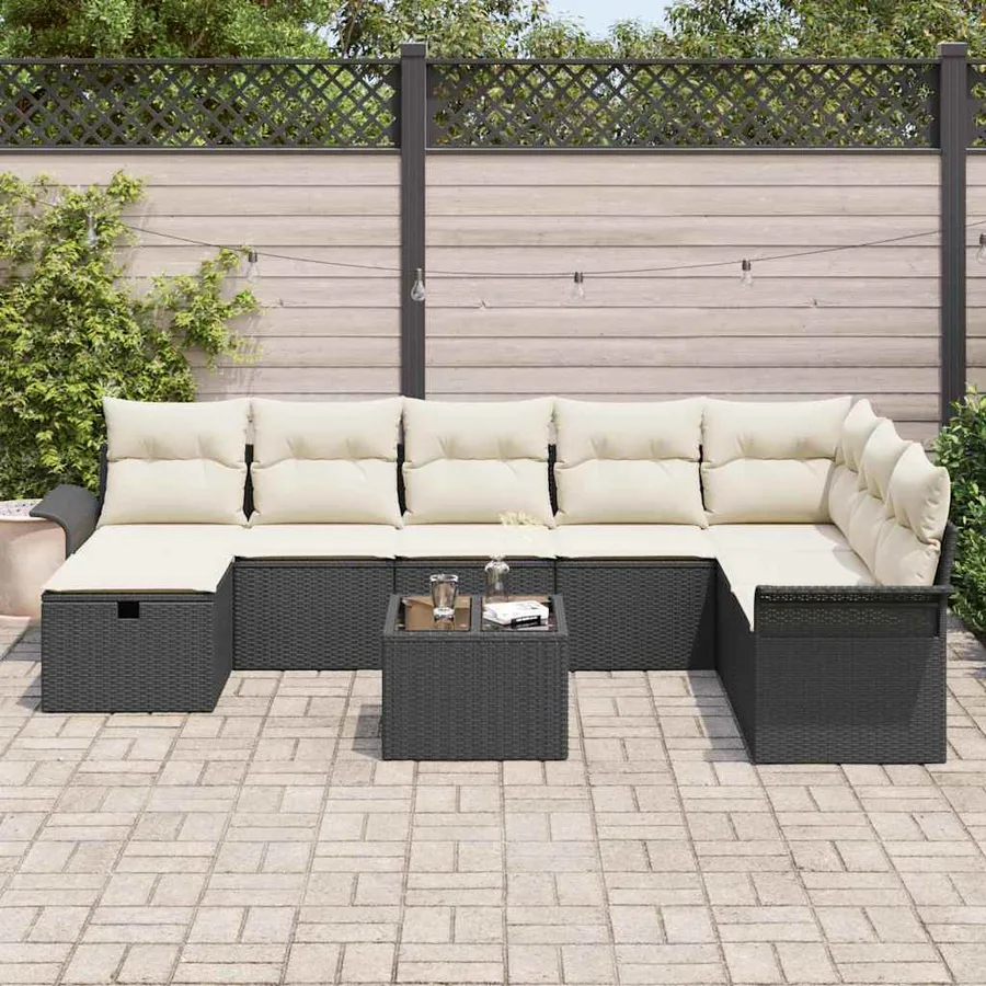 Ensemble de canapé de jardin 9 pcs Noir et Crème polyrotin - 3