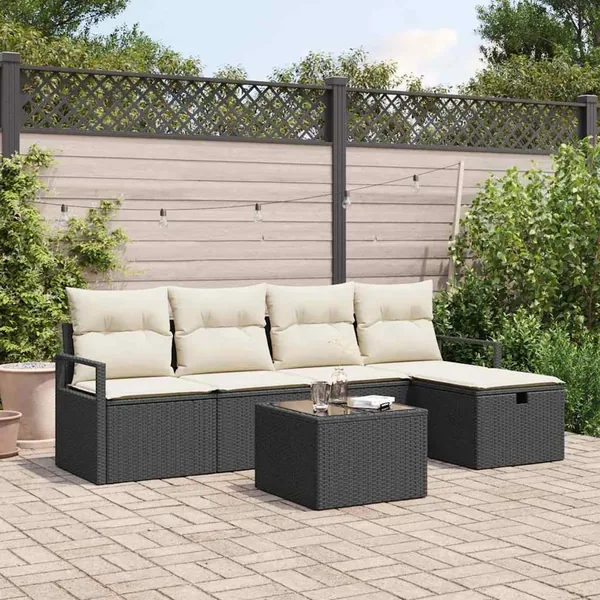 Ensemble de Canapés avec coussin 6 pcs Noir et Crème polyrotin