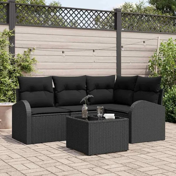 Ensemble de canapé de jardin avec coussin 5 pcs Noir polyrotin