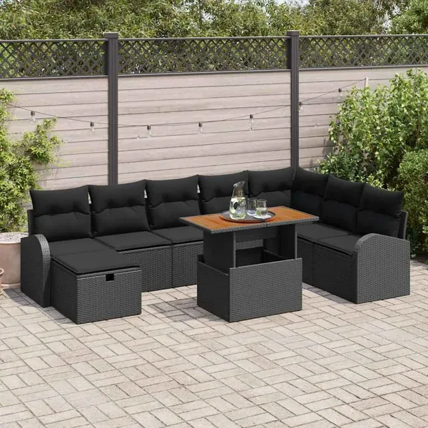 Ensemble de canapé de jardin 9 pcs Noir polyrotin