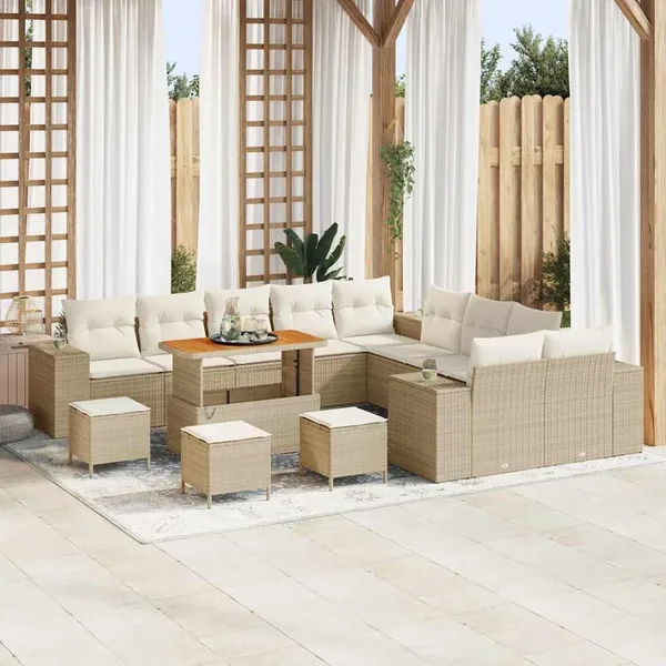 Ensemble de canapé de jardin 14 pcs Beige polyrotin